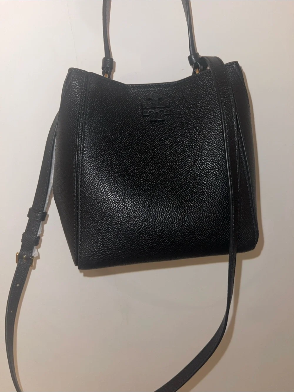 Tory Burch black Megraw leather small bucket bag